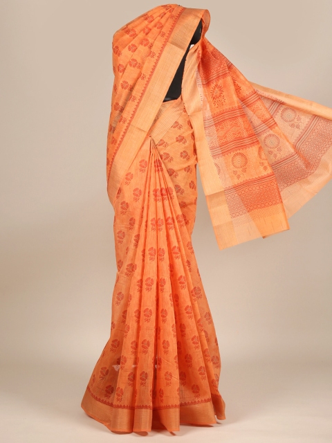 

Pothys Orange & Red Floral Zari Cotton Blend Saree