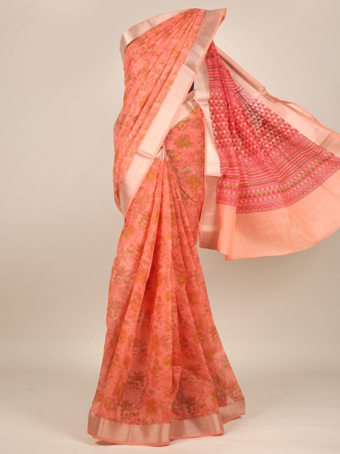 

Pothys Peach-Coloured & Yellow Floral Zari Cotton Blend Saree