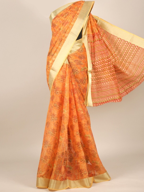 

Pothys Orange & Silver-Toned Floral Cotton Blend Saree