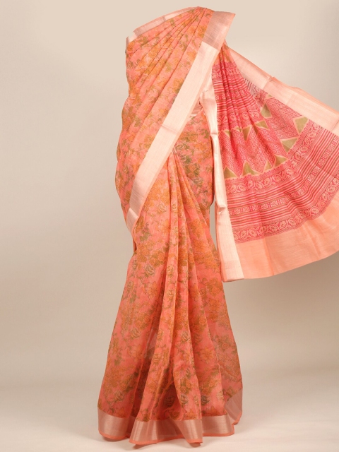 

Pothys Peach-Coloured & Green Floral Zari Cotton Blend Saree