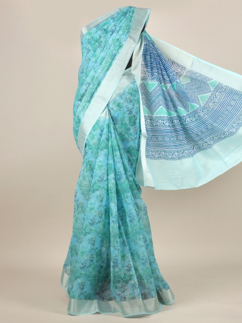 

Pothys Blue & Silver-Toned Floral Zari Cotton Blend Saree