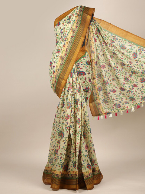 

Pothys Cream-Coloured & Green Floral Zari Cotton Blend Saree