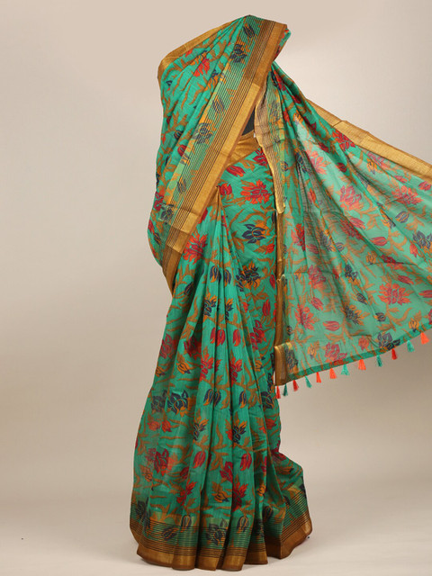 

Pothys Green & Navy Blue Floral Zari Cotton Blend Saree