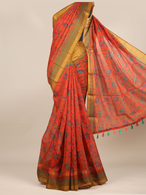 

Pothys Orange & Blue Floral Cotton Blend Saree