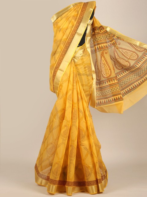 

Pothys Yellow & Brown Paisley Zari Cotton Blend Saree
