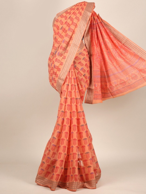 

Pothys Peach-Coloured & Purple Ethnic Motifs Zari Cotton Blend Saree