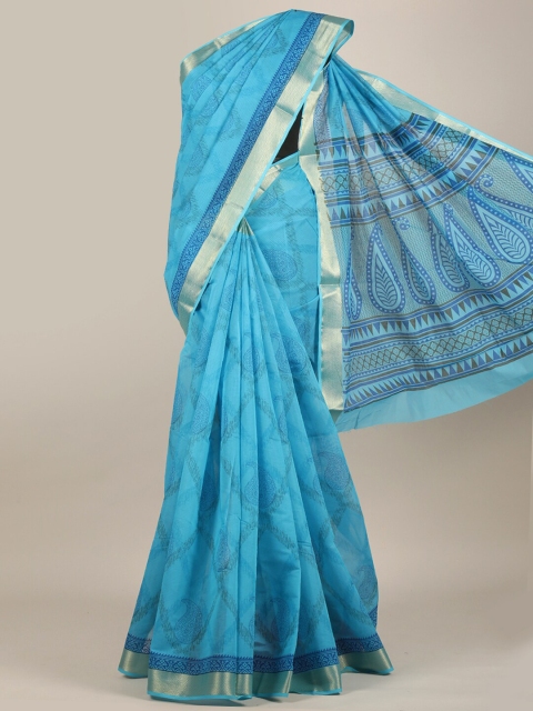 

Pothys Blue & Gold-Toned Paisley Zari Cotton Blend Saree