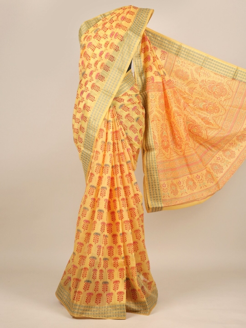 

Pothys Yellow & Red Ethnic Motifs Zari Cotton Blend Saree