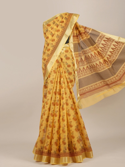 

Pothys Yellow & Maroon Zari Cotton Blend Saree