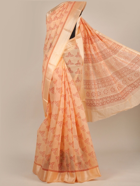 

Pothys Peach-Coloured & Red Ethnic Motifs Zari Cotton Blend Saree