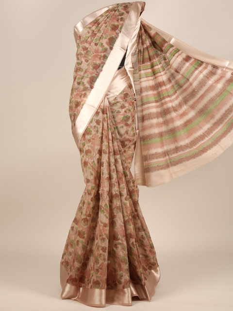 

Pothys Brown & Green Floral Zari Cotton Blend Saree
