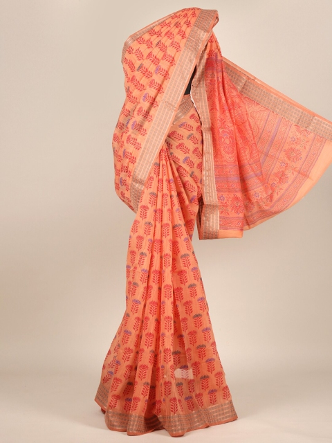 

Pothys Peach-Coloured & Red Ethnic Motifs Zari Cotton Blend Saree