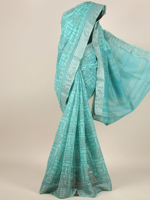 

Pothys Sea Green & Grey Zari Cotton Blend Saree