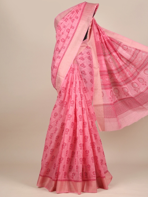

Pothys Pink & Silver-Toned Ethnic Motifs Cotton Blend Saree
