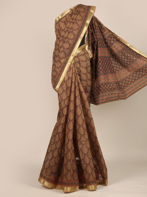 

Pothys Brown & Beige Ethnic Motifs Zari Cotton Blend Saree