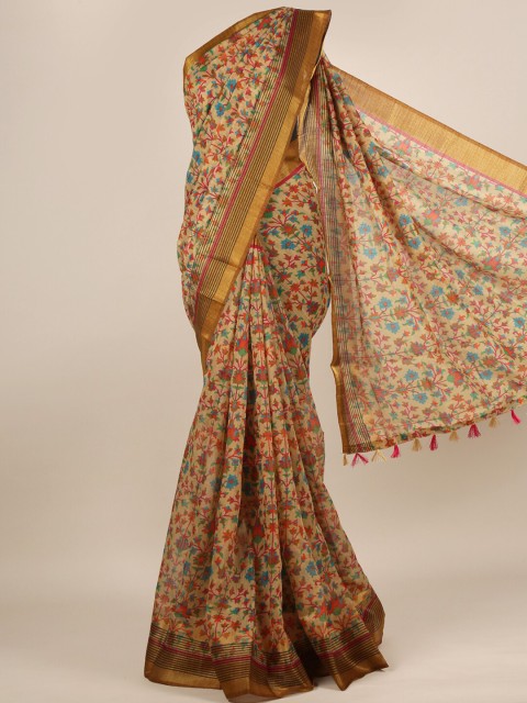 

Pothys Beige & Red Floral Zari Cotton Blend Saree