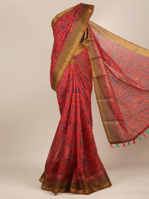 

Pothys Red & Blue Ethnic Motifs Zari Cotton Blend Saree