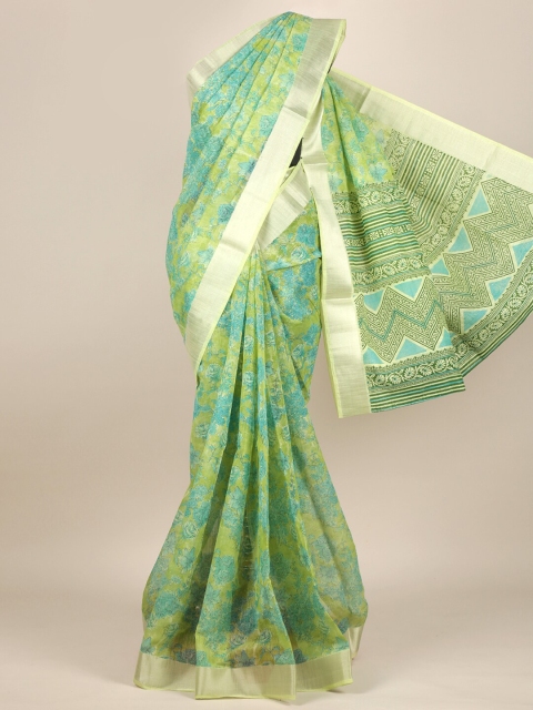 

Pothys Green & Blue Floral Zari Cotton Blend Saree