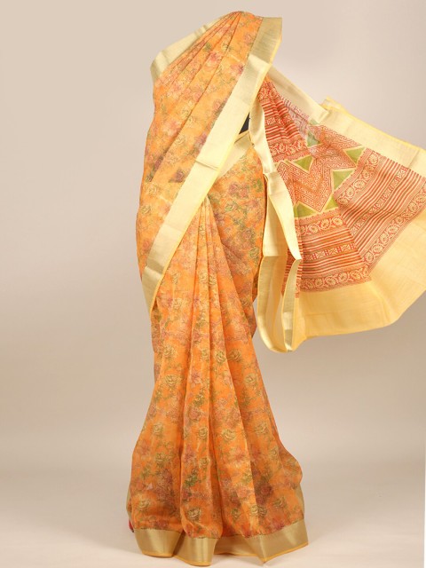 

Pothys Orange & Green Floral Zari Cotton Blend Saree