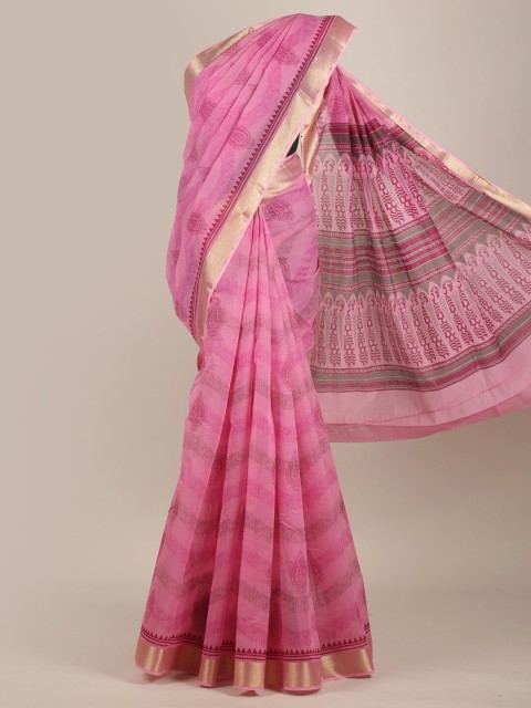 

Pothys Pink & Gold-Toned Ethnic Motifs Zari Cotton Blend Saree