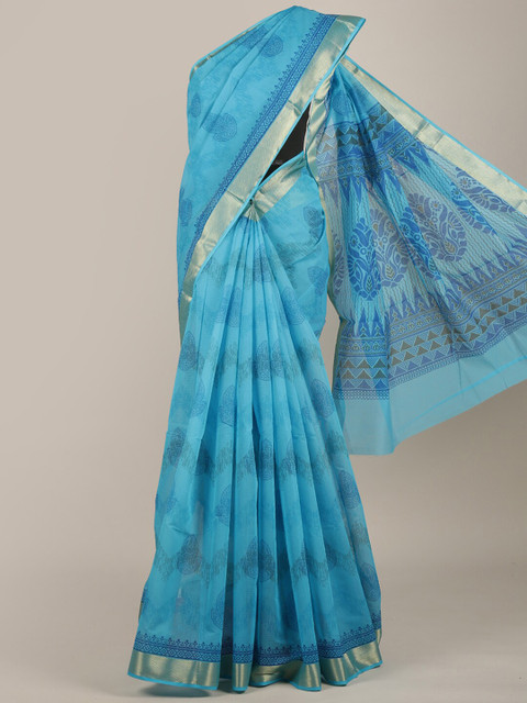 

Pothys Blue & Gold-Toned Ethnic Motifs Zari Cotton Blend Saree