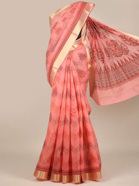 

Pothys Peach-Coloured & Maroon Ethnic Motifs Zari Cotton Blend Saree