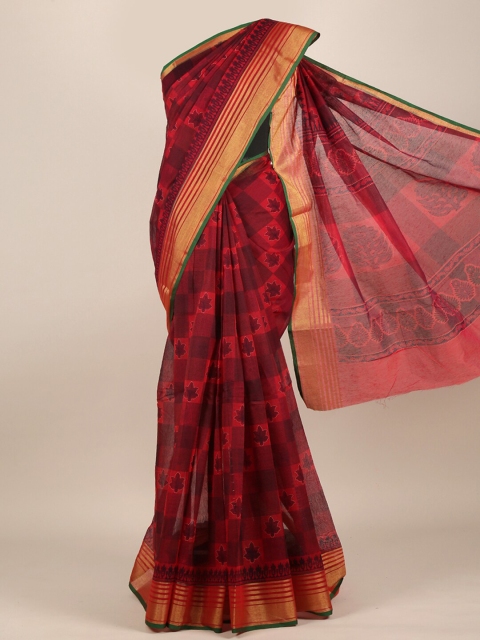 

Pothys Maroon & Red Ethnic Motifs Zari Cotton Blend Saree