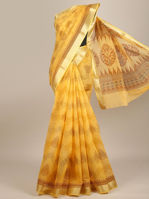 

Pothys Yellow & Brown Ethnic Motifs Zari Cotton Blend Saree