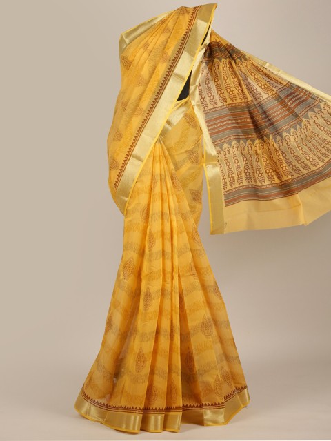 

Pothys Yellow & Brown Ethnic Motifs Zari Cotton Blend Saree