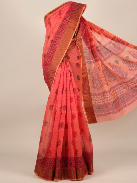 

Pothys Pink & Red Ethnic Motifs Zari Cotton Blend Saree
