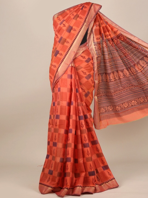 

Pothys Orange & Purple Ethnic Motifs Zari Cotton Blend Saree