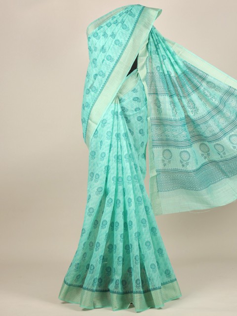 

Pothys Sea Green & Gold-Toned Floral Zari Cotton Blend Saree
