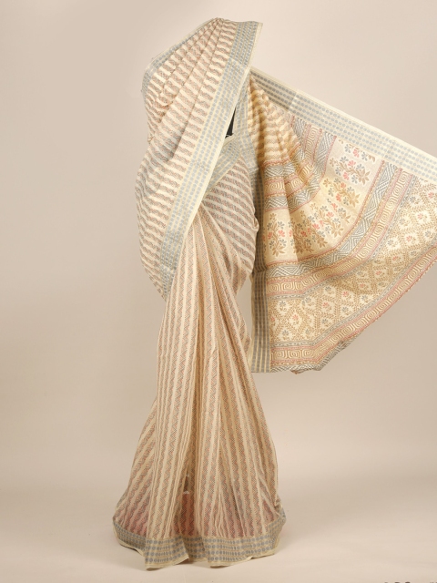 

Pothys Cream-Coloured & Brown Striped Zari Cotton Blend Saree