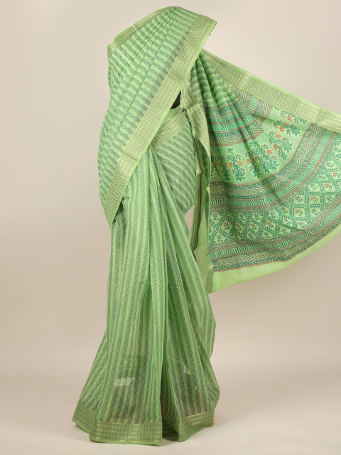 

Pothys Green Striped Zari Cotton Blend Saree