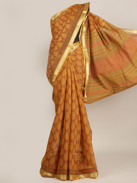 

Pothys Mustard & Maroon Ethnic Motifs Zari Cotton Blend Saree