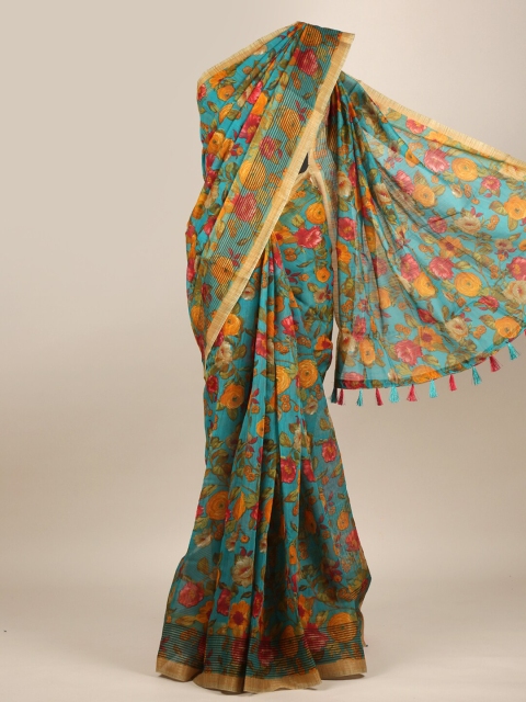 

Pothys Turquoise Blue & Green Floral Zari Cotton Blend Saree