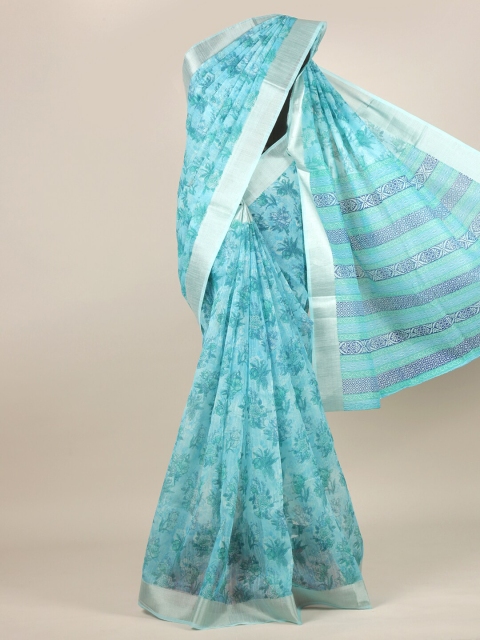 

Pothys Blue & Silver-Toned Floral Zari Cotton Blend Saree