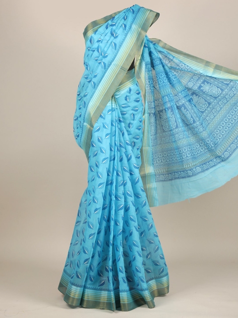 

Pothys Blue & White Floral Zari Cotton Blend Saree