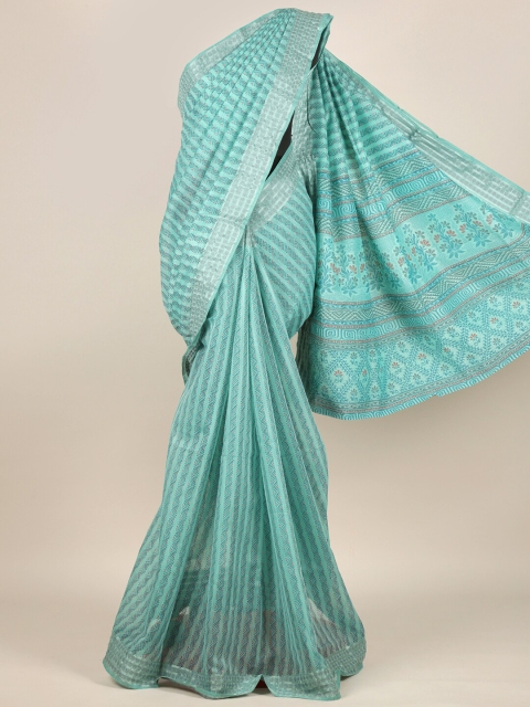 

Pothys Blue & Silver-Toned Zari Cotton Blend Saree