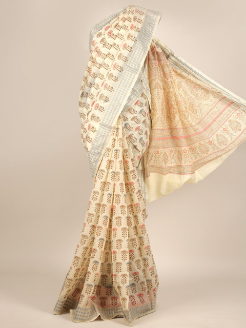 

Pothys Cream-Coloured & Brown Ethnic Motifs Cotton Blend Saree