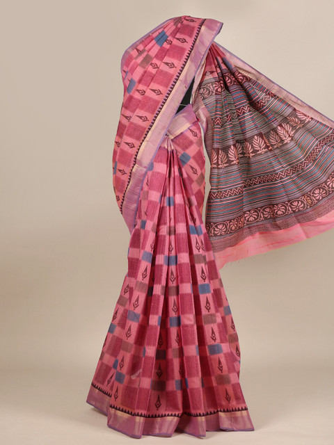 

Pothys Pink & Brown Ethnic Motifs Zari Cotton Blend Saree