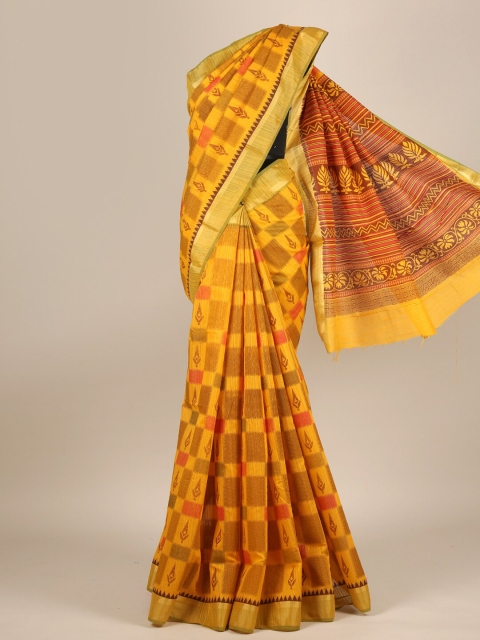 

Pothys Yellow & Orange Ethnic Motifs Zari Cotton Blend Saree