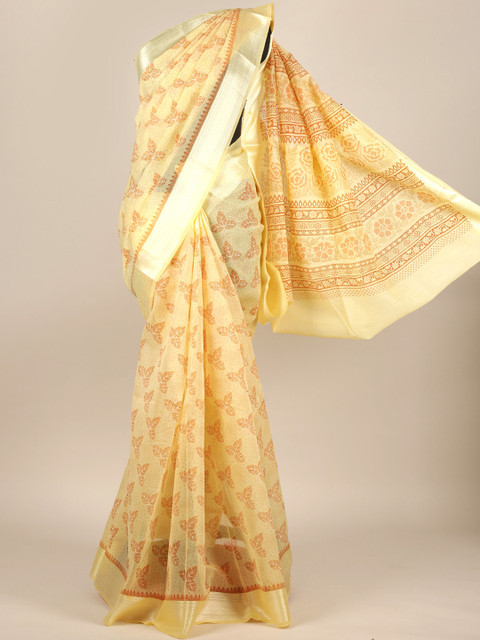 

Pothys Yellow & Brown Ethnic Motifs Zari Cotton Blend Saree