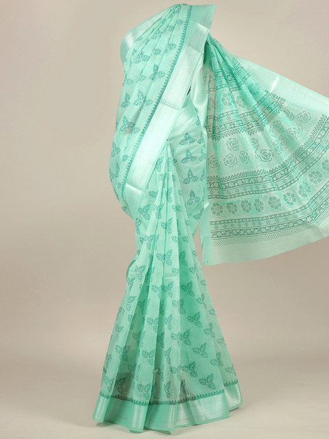 

Pothys Sea Green & Silver-Toned Floral Zari Cotton Blend Saree