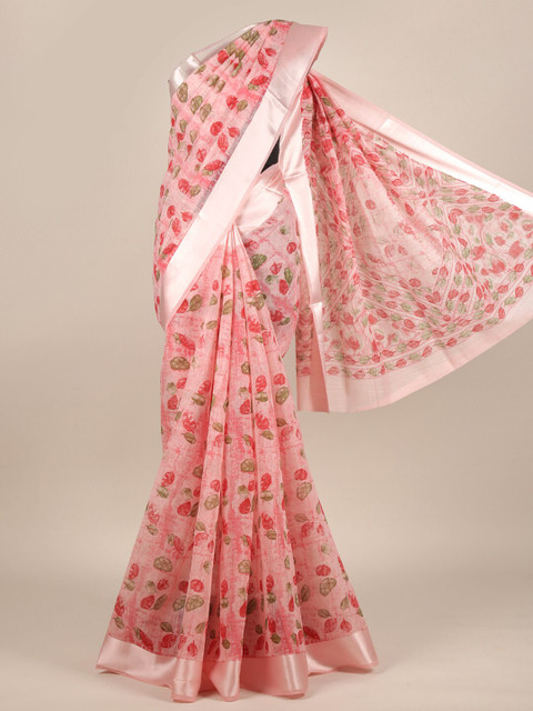 

Pothys Pink & Green Floral Zari Cotton Blend Saree