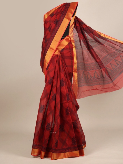 

Pothys Maroon & Blue Floral Zari Cotton Blend Saree