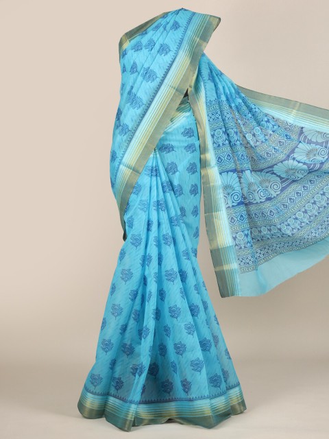 

Pothys Blue & Gold-Toned Floral Zari Cotton Blend Saree