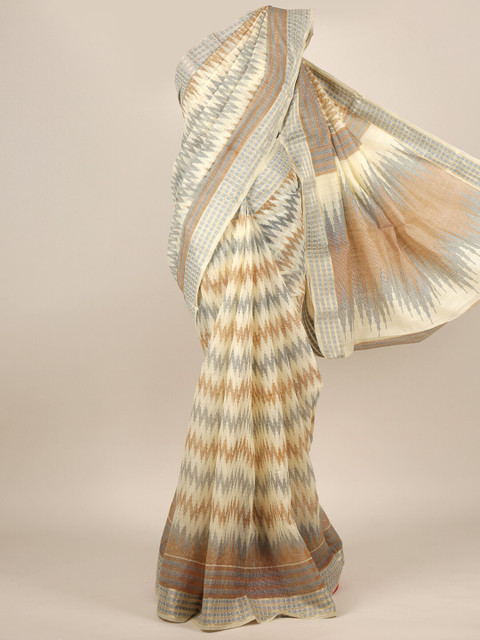 

Pothys Cream-Coloured & Grey Zari Cotton Blend Saree