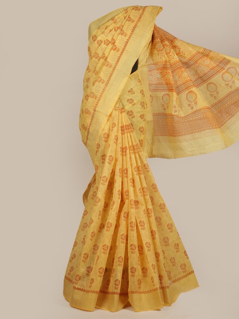 

Pothys Yellow & Orange Ethnic Motifs Cotton Blend Saree