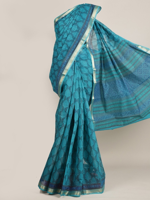 

Pothys Blue & Gold-Toned Ethnic Motifs Zari Cotton Blend Saree